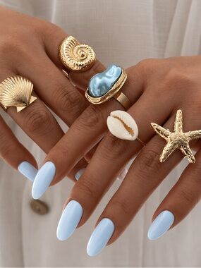 5 Piece Adjustable Coastal Ring set,Gold starfish,Shel Nautilus,Light blue pearl